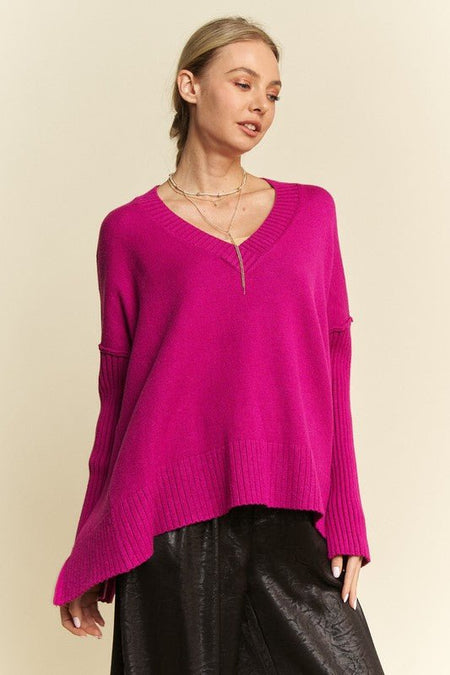 Davi & Dani Ribbed Side Slit V - Neck Sweater - S. M. & Co.