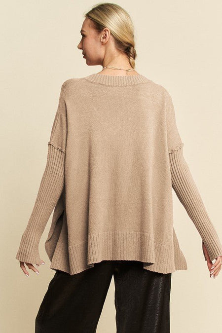 Davi & Dani Ribbed Side Slit V - Neck Sweater - S. M. & Co.