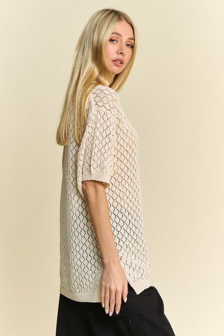 Davi & Dani Side Slit Openwork Round Neck Half Sleeve Knit Cover Up - S. M. & Co.