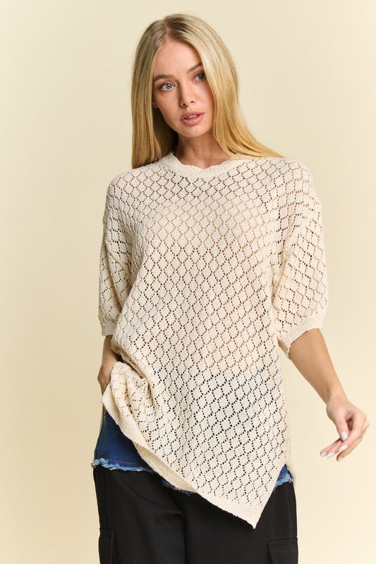 Davi & Dani Side Slit Openwork Round Neck Half Sleeve Knit Cover Up - S. M. & Co.