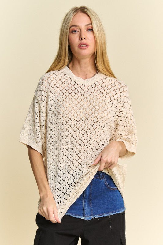 Davi & Dani Side Slit Openwork Round Neck Half Sleeve Knit Cover Up - S. M. & Co.