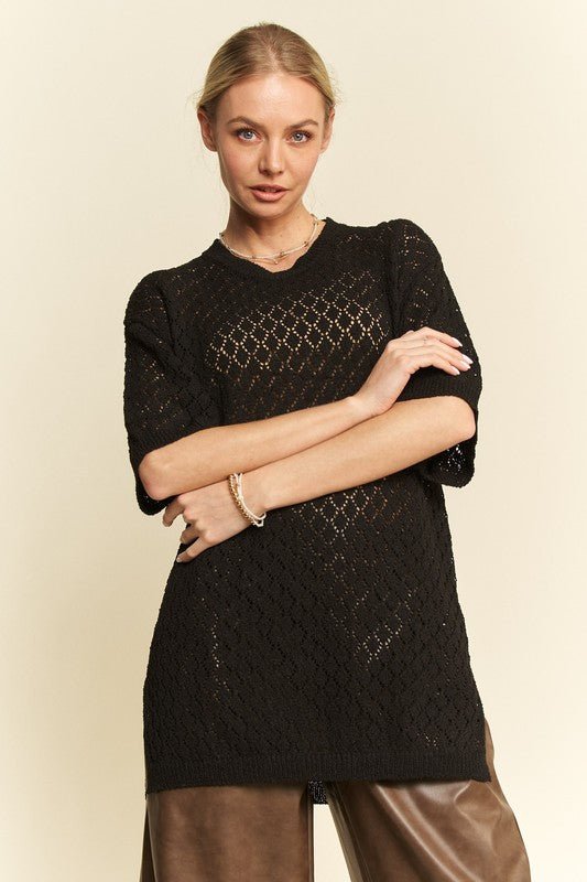 Davi & Dani Side Slit Openwork Round Neck Half Sleeve Knit Cover Up - S. M. & Co.