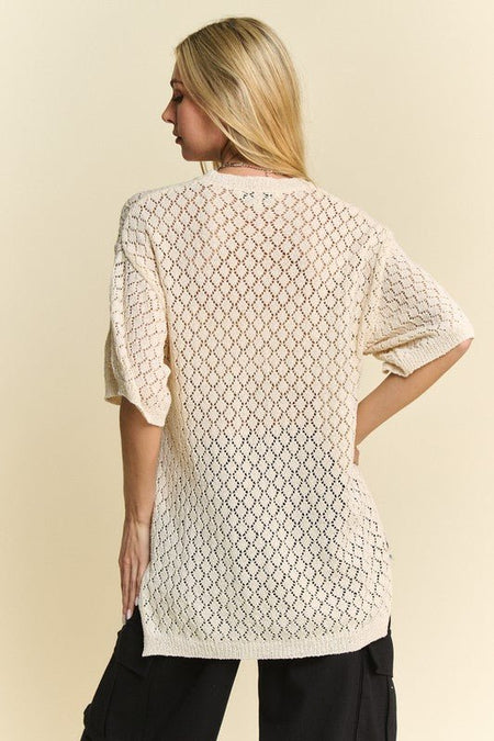 Davi & Dani Side Slit Openwork Round Neck Half Sleeve Knit Cover Up - S. M. & Co.