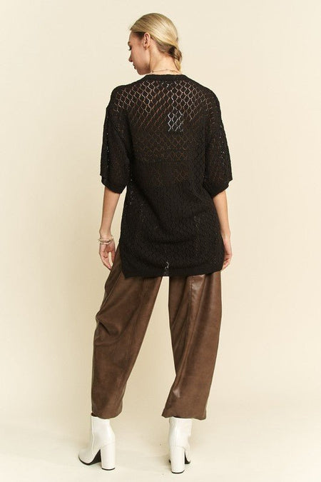 Davi & Dani Side Slit Openwork Round Neck Half Sleeve Knit Cover Up - S. M. & Co.