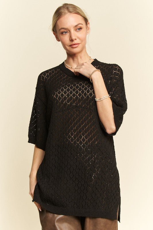 Davi & Dani Side Slit Openwork Round Neck Half Sleeve Knit Cover Up - S. M. & Co.