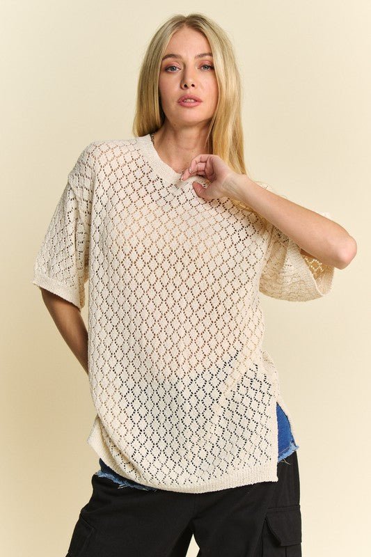 Davi & Dani Side Slit Openwork Round Neck Half Sleeve Knit Cover Up - S. M. & Co.