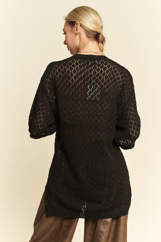 Davi & Dani Side Slit Openwork Round Neck Half Sleeve Knit Cover Up - S. M. & Co.