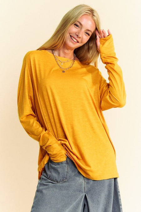 Davi & Dani Solid Color Boat Neck Long Sleeve T-Shirt - S. M. & Co.