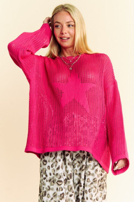 Davi & Dani Star Front Crochet Drop Shoulder Knit Top - S. M. & Co.