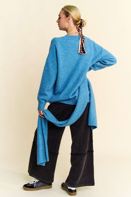 Davi & Dani V - Neck Dropped Shoulder Sweater with Scarf - S. M. & Co.