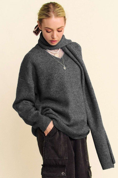 Davi & Dani V - Neck Dropped Shoulder Sweater with Scarf Set - S. M. & Co.