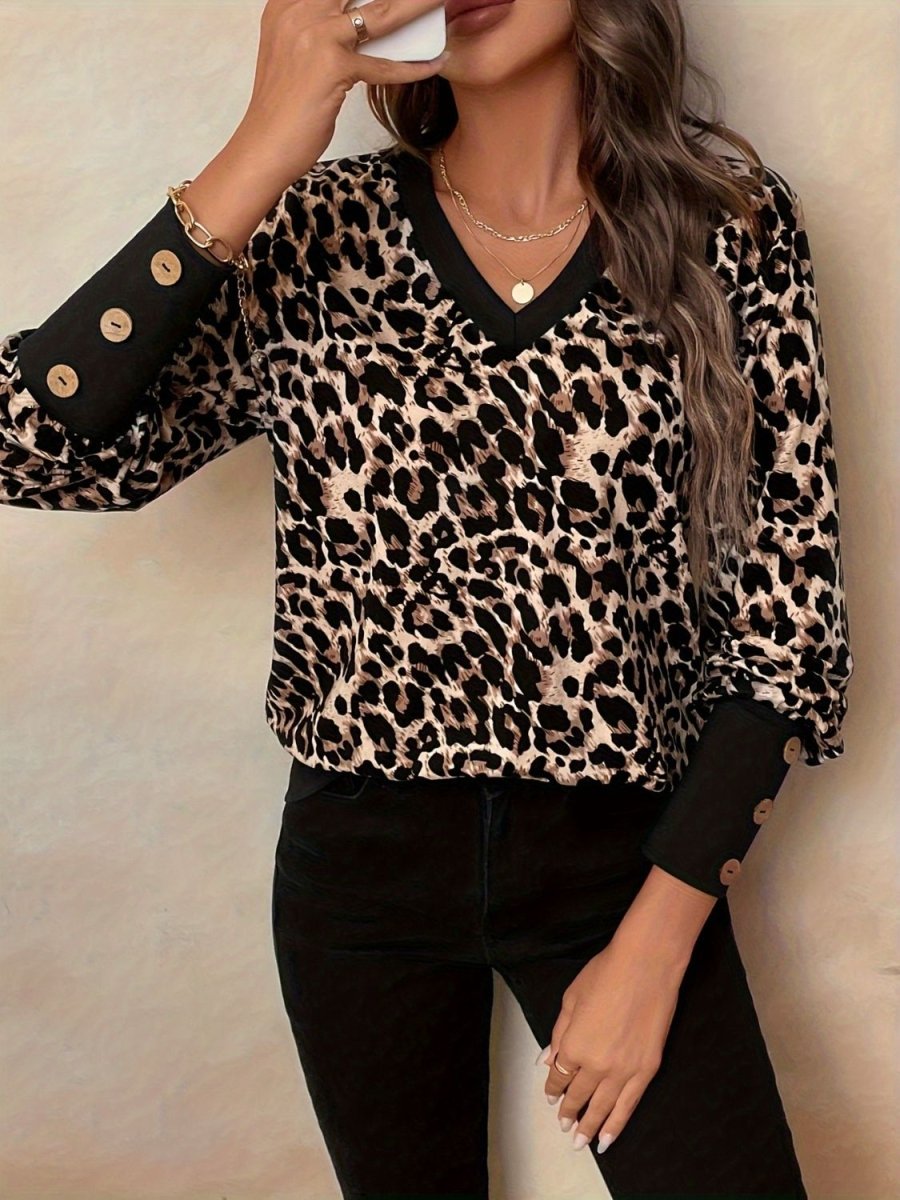 Decorative Button Leopard V - Neck Long Sleeve T-Shirt - S. M. & Co.