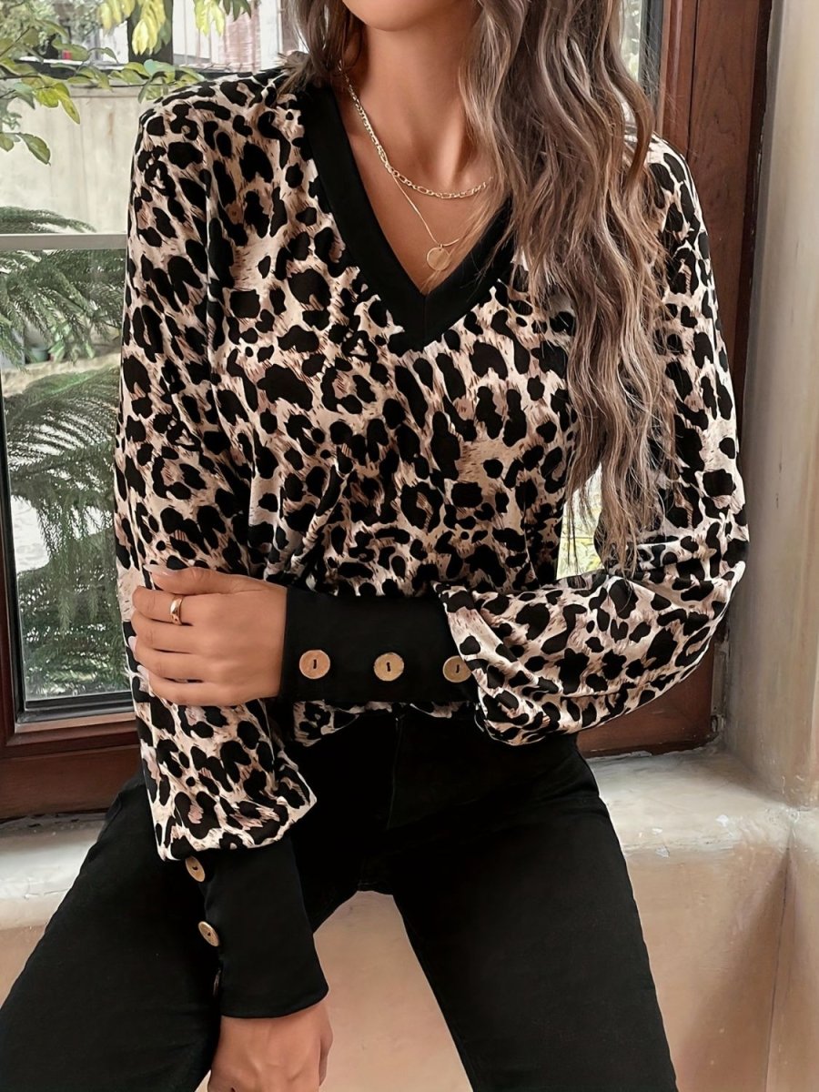 Decorative Button Leopard V - Neck Long Sleeve T-Shirt - S. M. & Co.