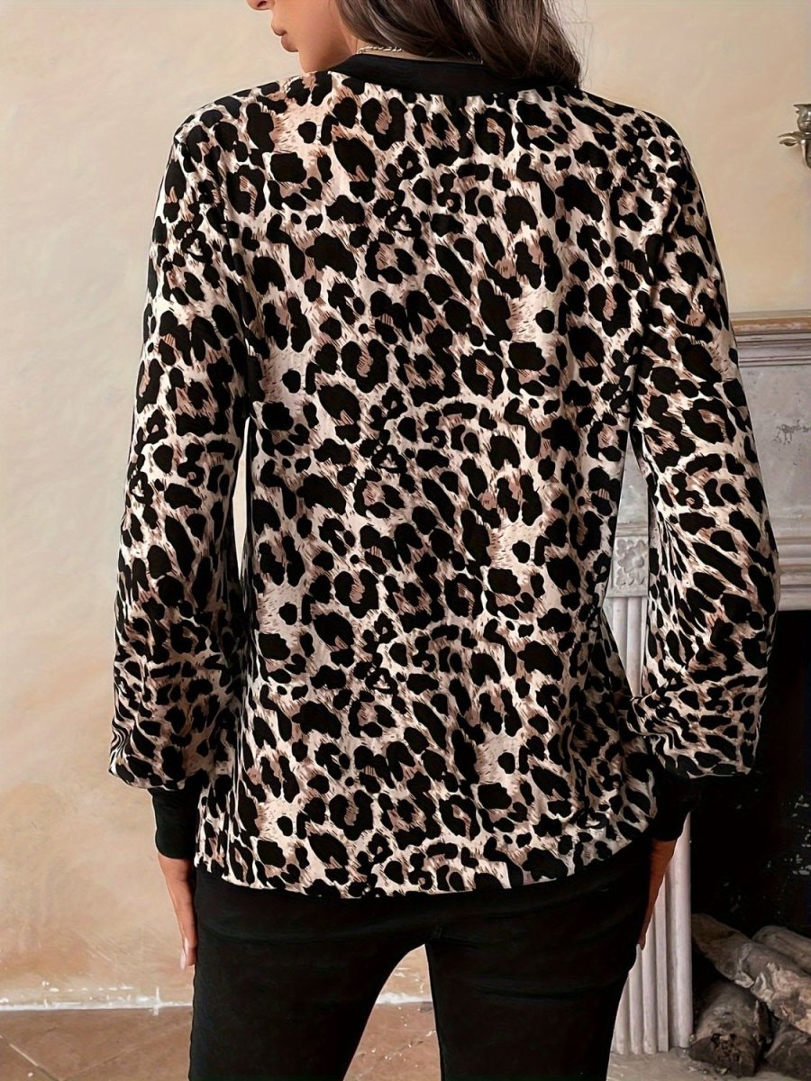 Decorative Button Leopard V - Neck Long Sleeve T-Shirt - S. M. & Co.