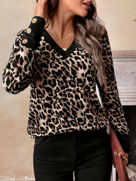 Decorative Button Leopard V - Neck Long Sleeve T-Shirt - S. M. & Co.