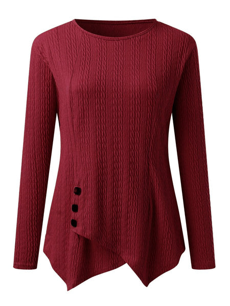 Decorative Button Round Neck Long Sleeve Top - S. M. & Co.