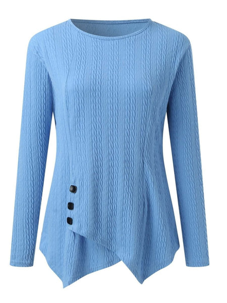 Decorative Button Round Neck Long Sleeve Top - S. M. & Co.