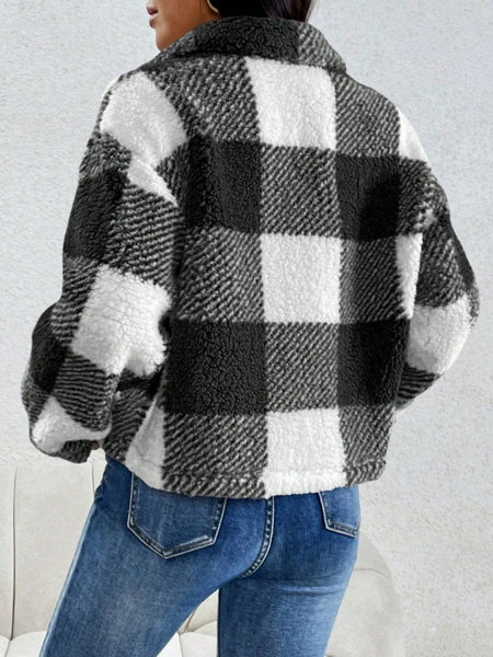 Decorative Pocket Flap Plaid Long Sleeve Jacket - S. M. & Co.