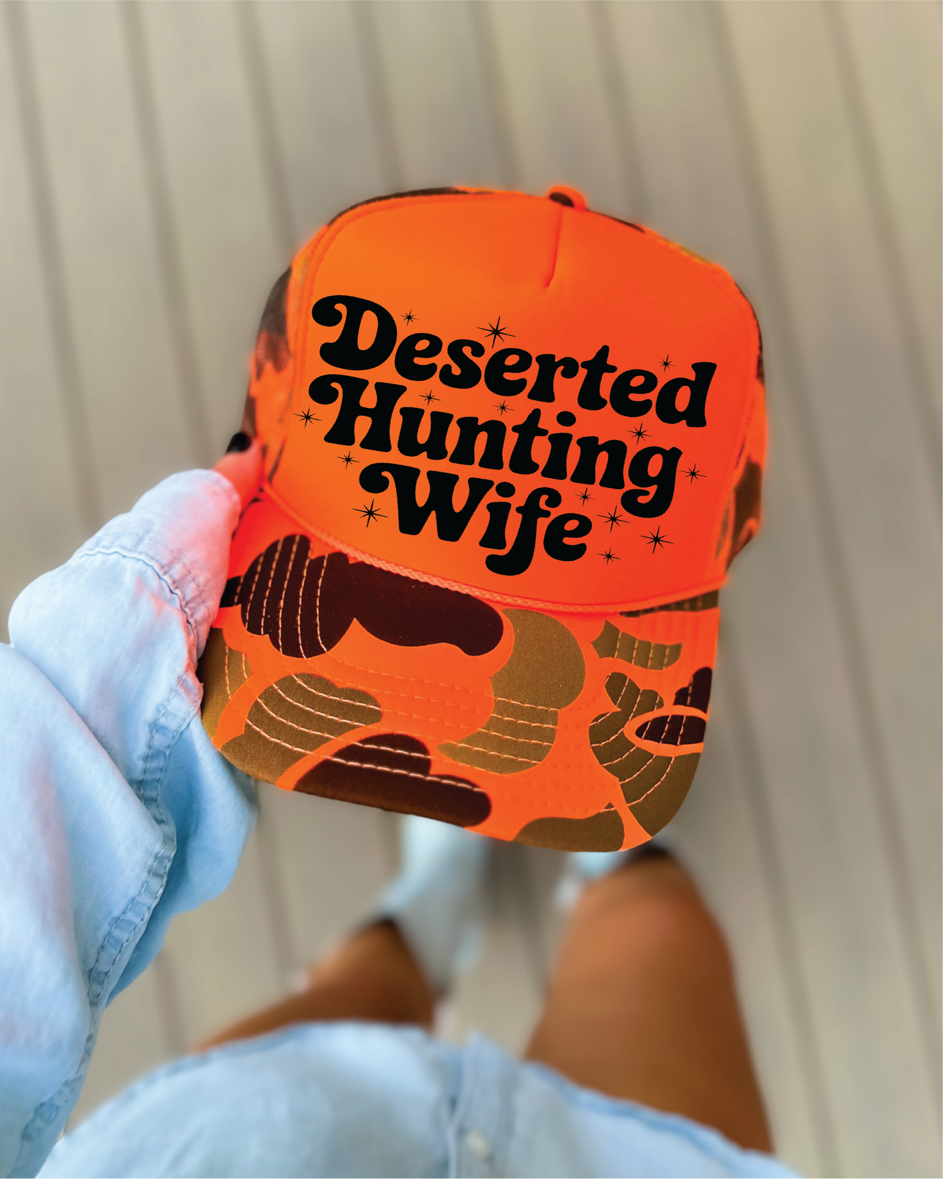 Deserted Hunting Wife DTF Printed Orange Camo and Orange Trucker Hat
