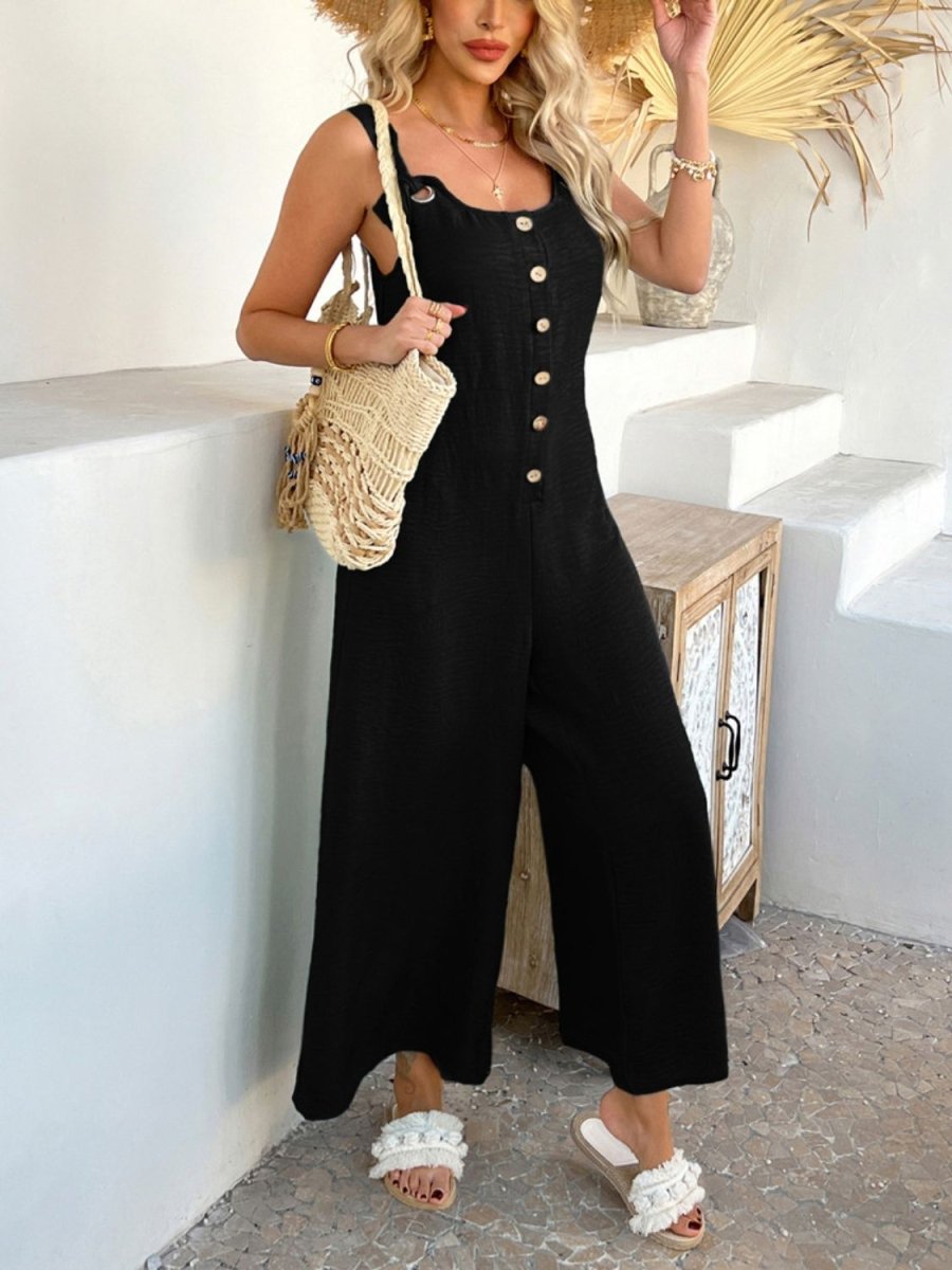 Devine Button Front Knotted Strap Wide Leg Jumpsuit - S. M. & Co.