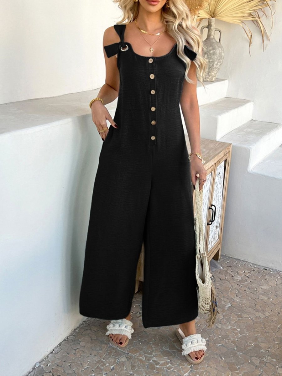 Devine Button Front Knotted Strap Wide Leg Jumpsuit - S. M. & Co.