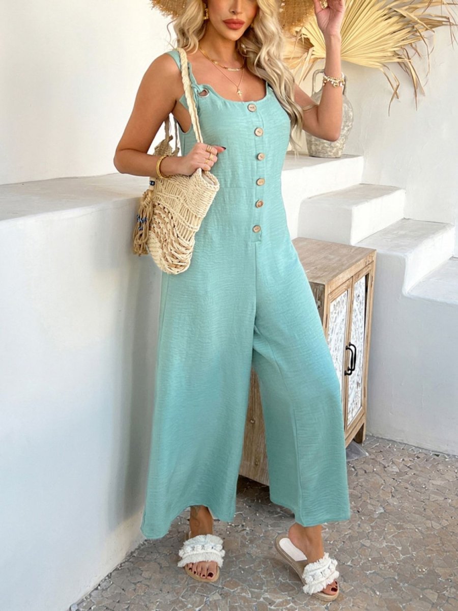 Devine Button Front Knotted Strap Wide Leg Jumpsuit - S. M. & Co.
