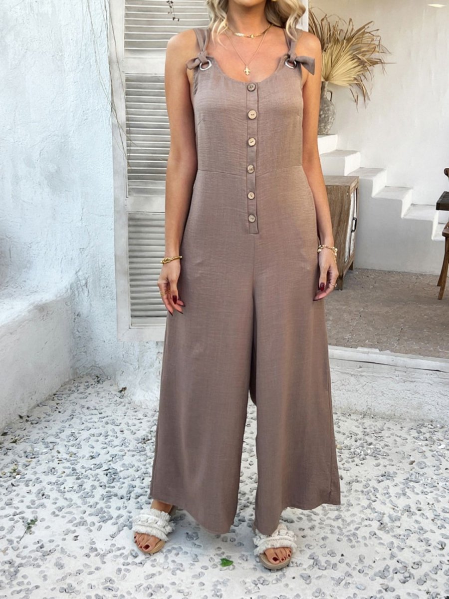 Devine Button Front Knotted Strap Wide Leg Jumpsuit - S. M. & Co.