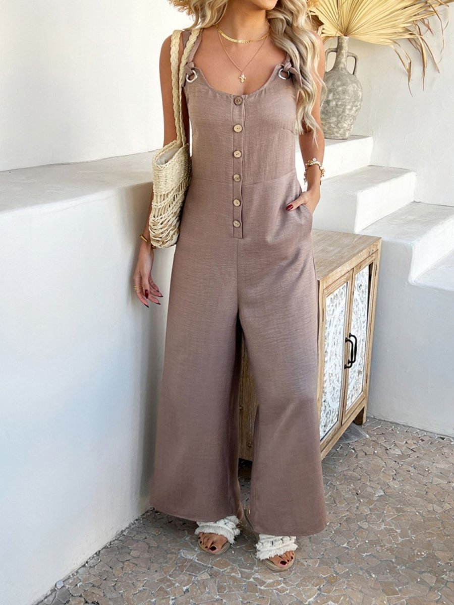 Devine Button Front Knotted Strap Wide Leg Jumpsuit - S. M. & Co.