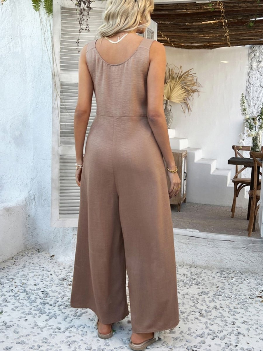 Devine Button Front Knotted Strap Wide Leg Jumpsuit - S. M. & Co.