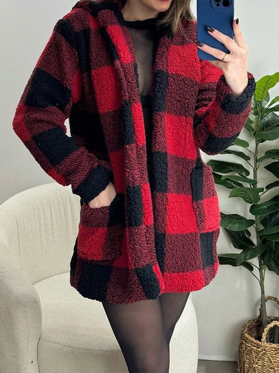 Devine Fuzzy Plaid Open Front Hooded Jacket - S. M. & Co.