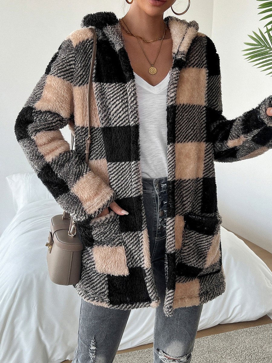 Devine Fuzzy Plaid Open Front Hooded Jacket - S. M. & Co.