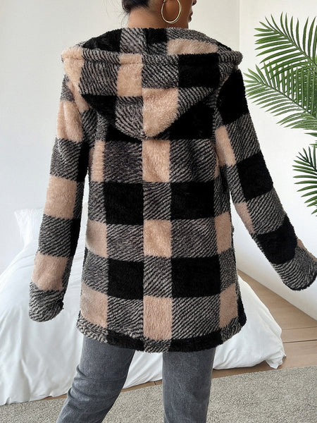 Devine Fuzzy Plaid Open Front Hooded Jacket - S. M. & Co.