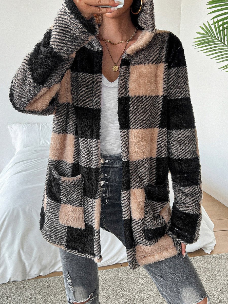 Devine Fuzzy Plaid Open Front Hooded Jacket - S. M. & Co.