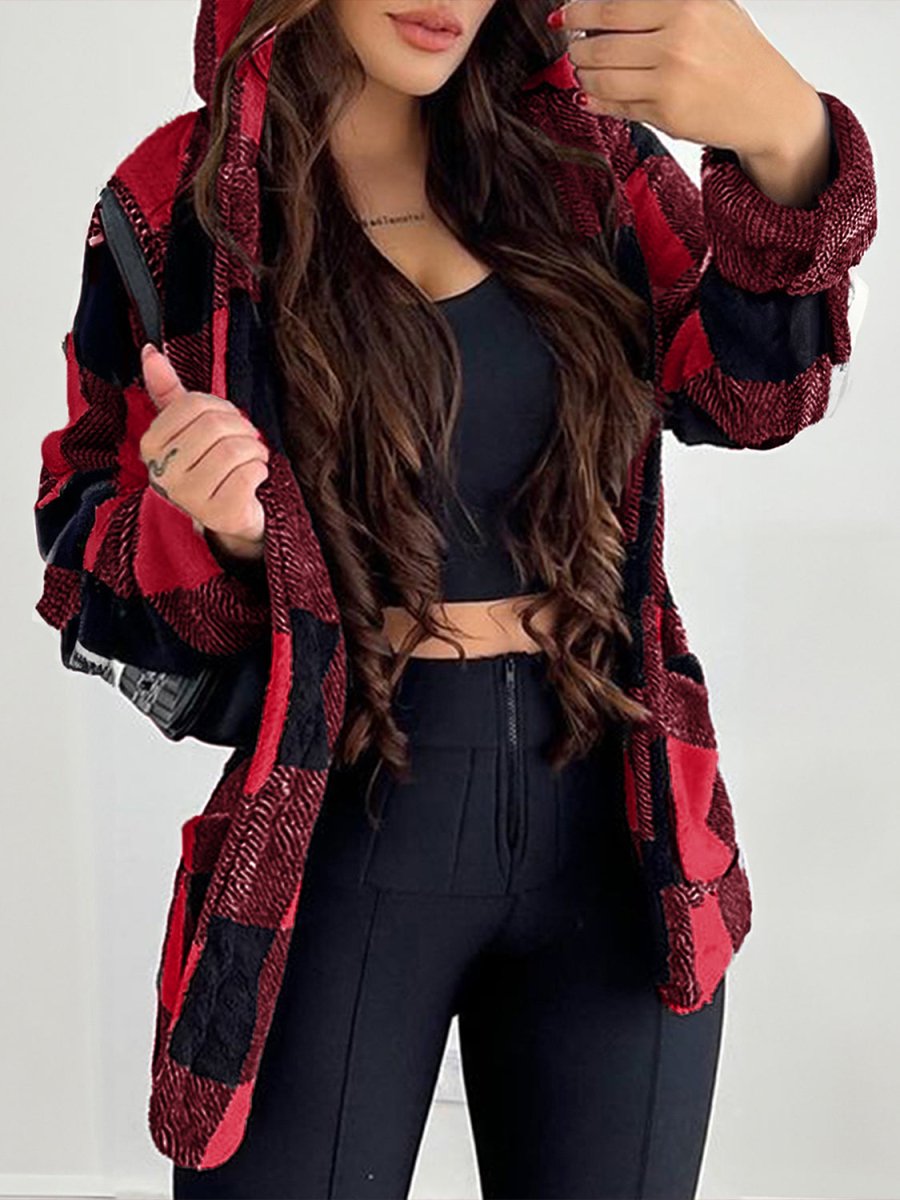 Devine Fuzzy Plaid Open Front Hooded Jacket - S. M. & Co.