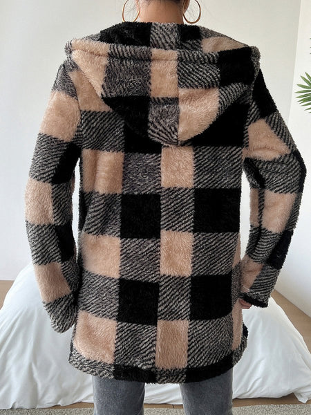 Devine Fuzzy Plaid Open Front Hooded Jacket - S. M. & Co.