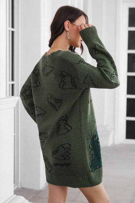 Dinosaur Pattern V - Neck Sweater Dress - S. M. & Co.