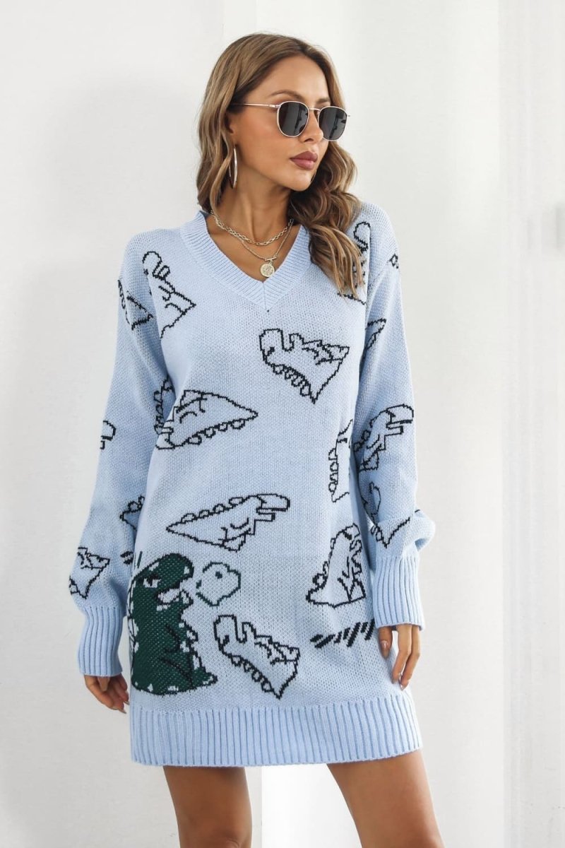 Dinosaur Pattern V - Neck Sweater Dress - S. M. & Co.