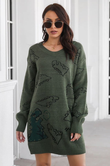 Dinosaur Pattern V - Neck Sweater Dress - S. M. & Co.