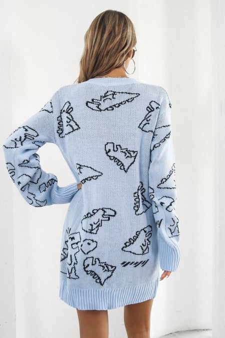 Dinosaur Pattern V - Neck Sweater Dress - S. M. & Co.