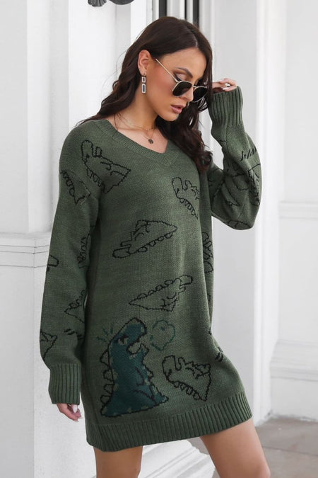 Dinosaur Pattern V - Neck Sweater Dress - S. M. & Co.