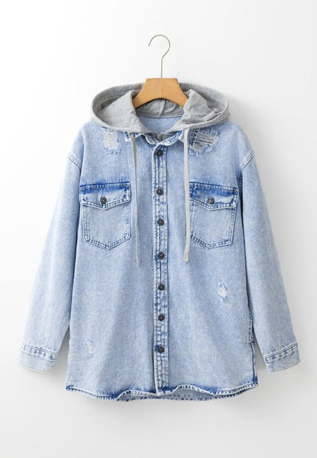 Distressed Button Up Hooded Denim Jacket with Pockets - S. M. & Co.