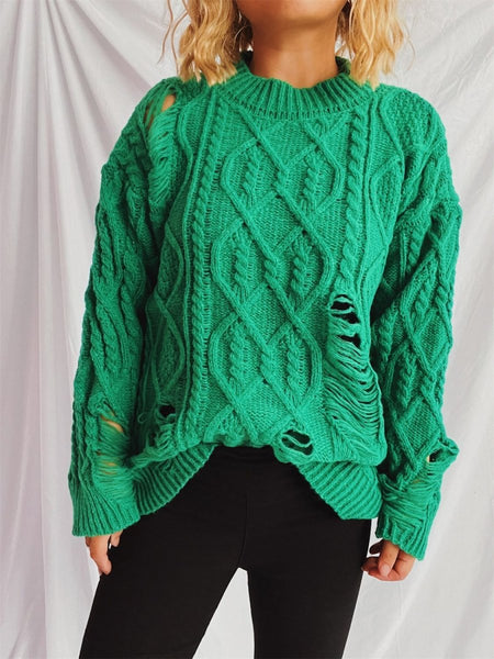 Distressed Cable - Knit Round Neck Long Sleeve Sweater - S. M. & Co.