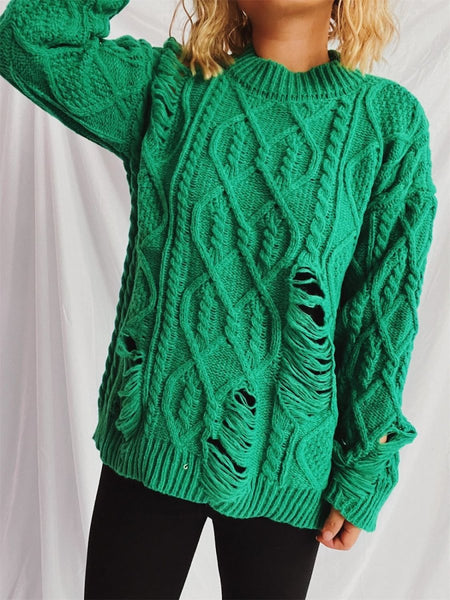 Distressed Cable - Knit Round Neck Long Sleeve Sweater - S. M. & Co.