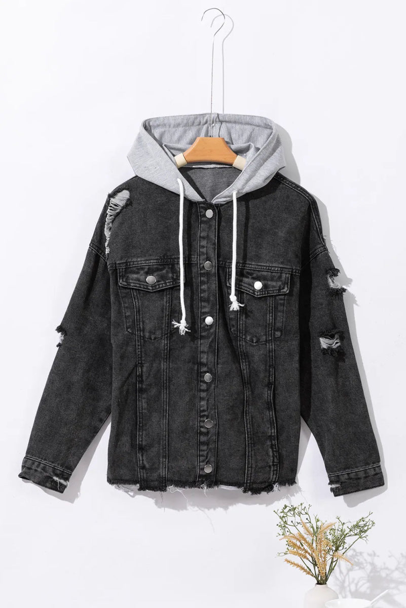 Distressed Drawstring Long Sleeve Hooded Denim Jacket - S. M. & Co.