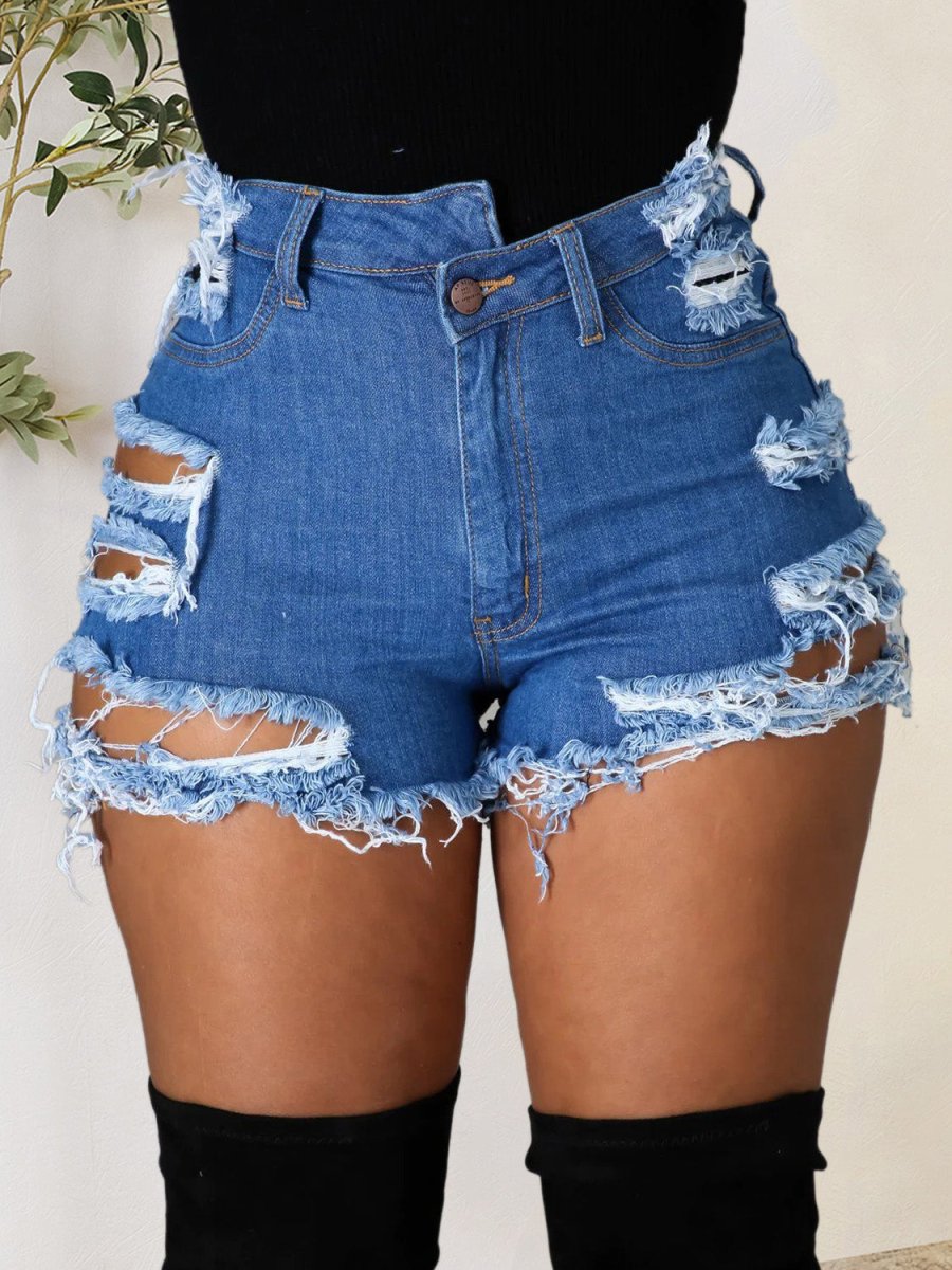 Distressed Raw Hem Denim Shorts with Pockets - S. M. & Co.