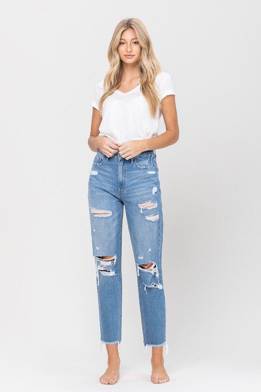 Distressed Raw Hem Mom Jeans - S. M. & Co. Denim Jeans