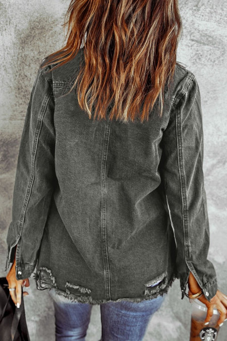 Distressed Raw Hem Snap Down Denim Jacket - S. M. & Co.