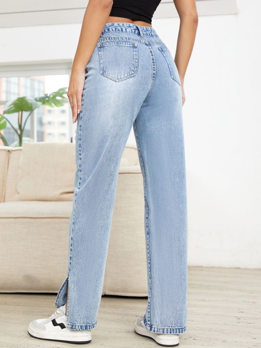 Distressed Slit Straight Leg Jeans - S. M. & Co.