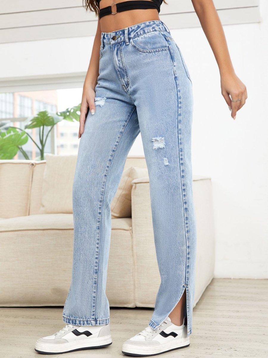 Distressed Slit Straight Leg Jeans - S. M. & Co.