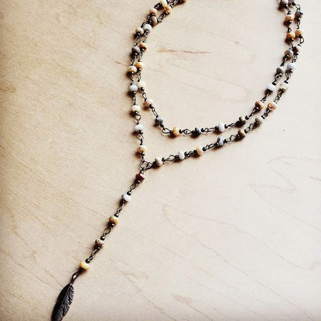 Double Lariat Natural Agate Necklace w/ Feather - S. M. & Co. Necklace